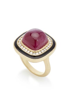 Cabochon Sugarloaf Ruby, Enamel and Diamond Ring