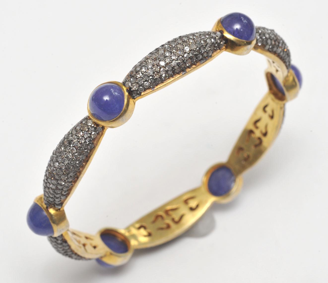Women's or Men's Cabochon Tanzanite and Pave` Diamond Bangle Bracelet
