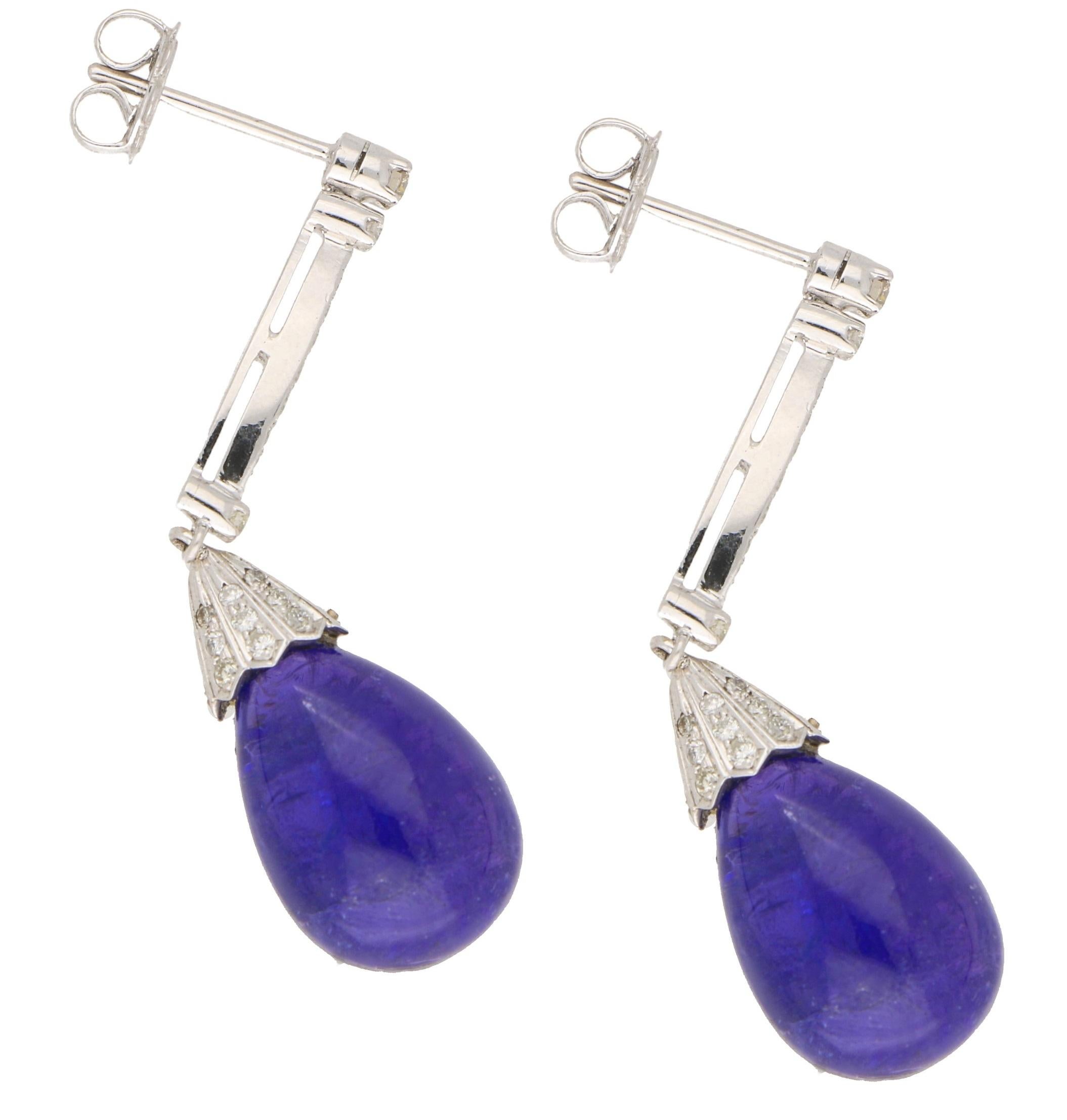 Women's or Men's Cabochon Tanzanite and Diamond Drop Earrings in White Gold