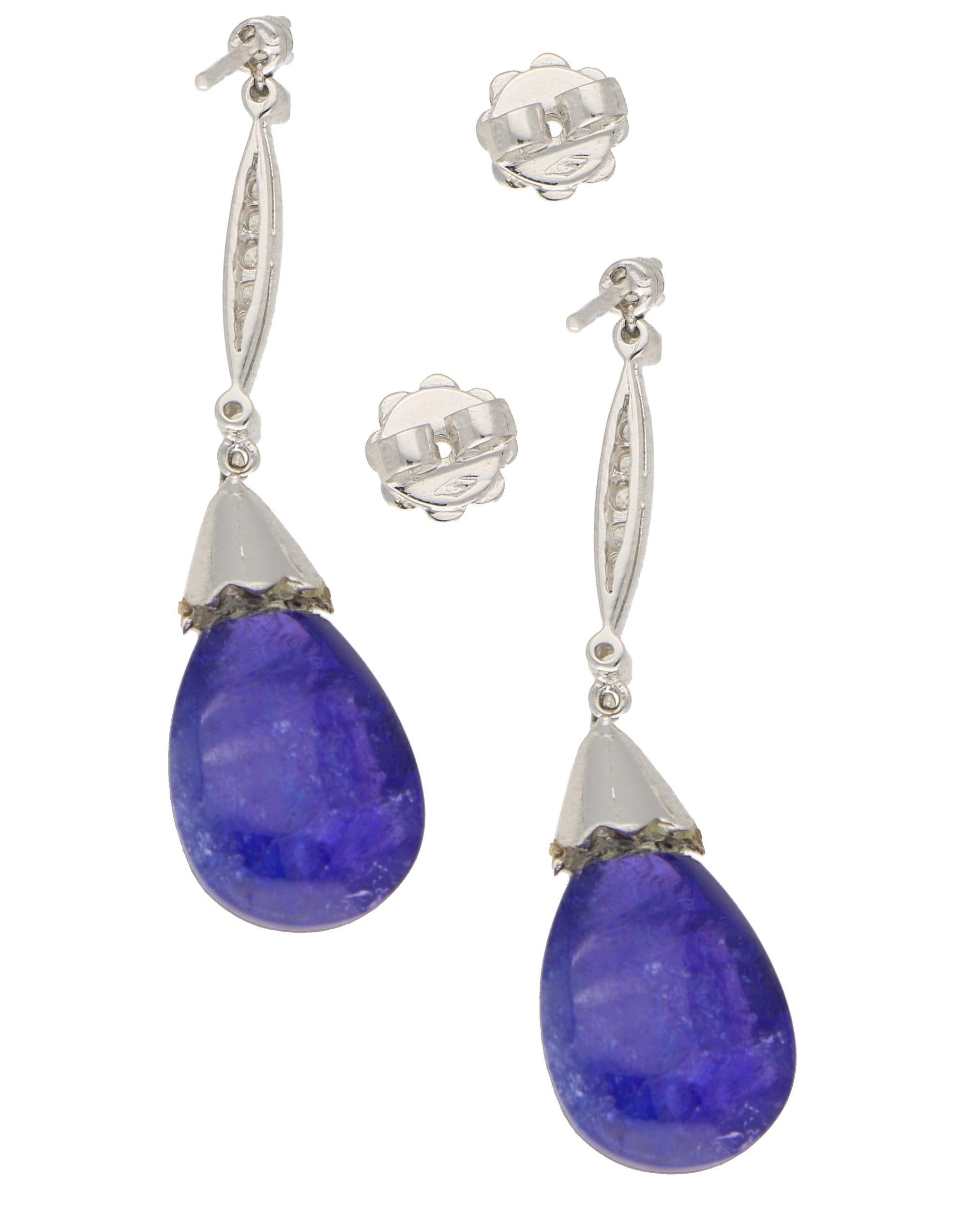 Cabochon Tanzanite and Diamond Drop Earrings in White Gold 1