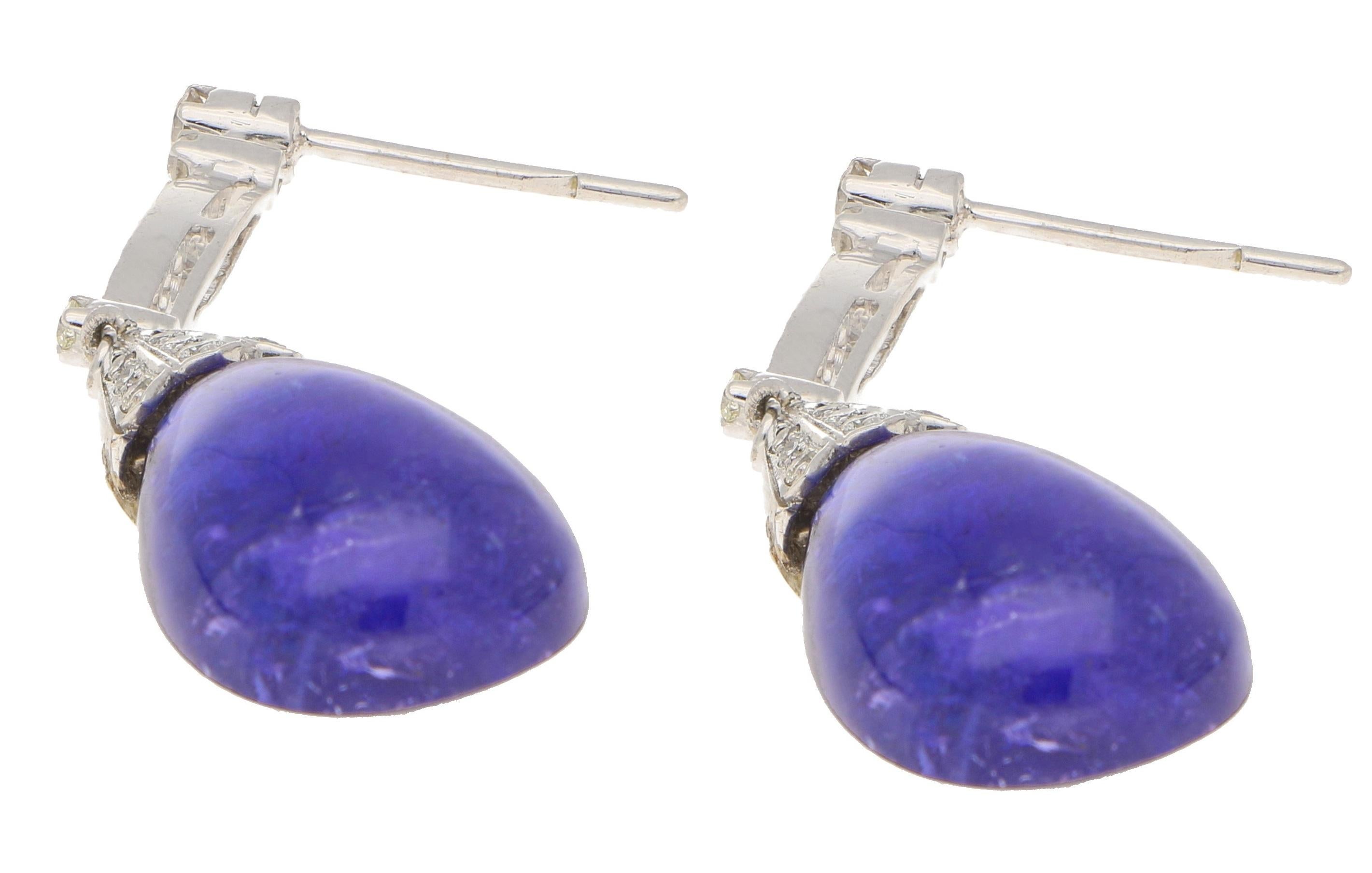Cabochon Tanzanite and Diamond Drop Earrings in White Gold 2