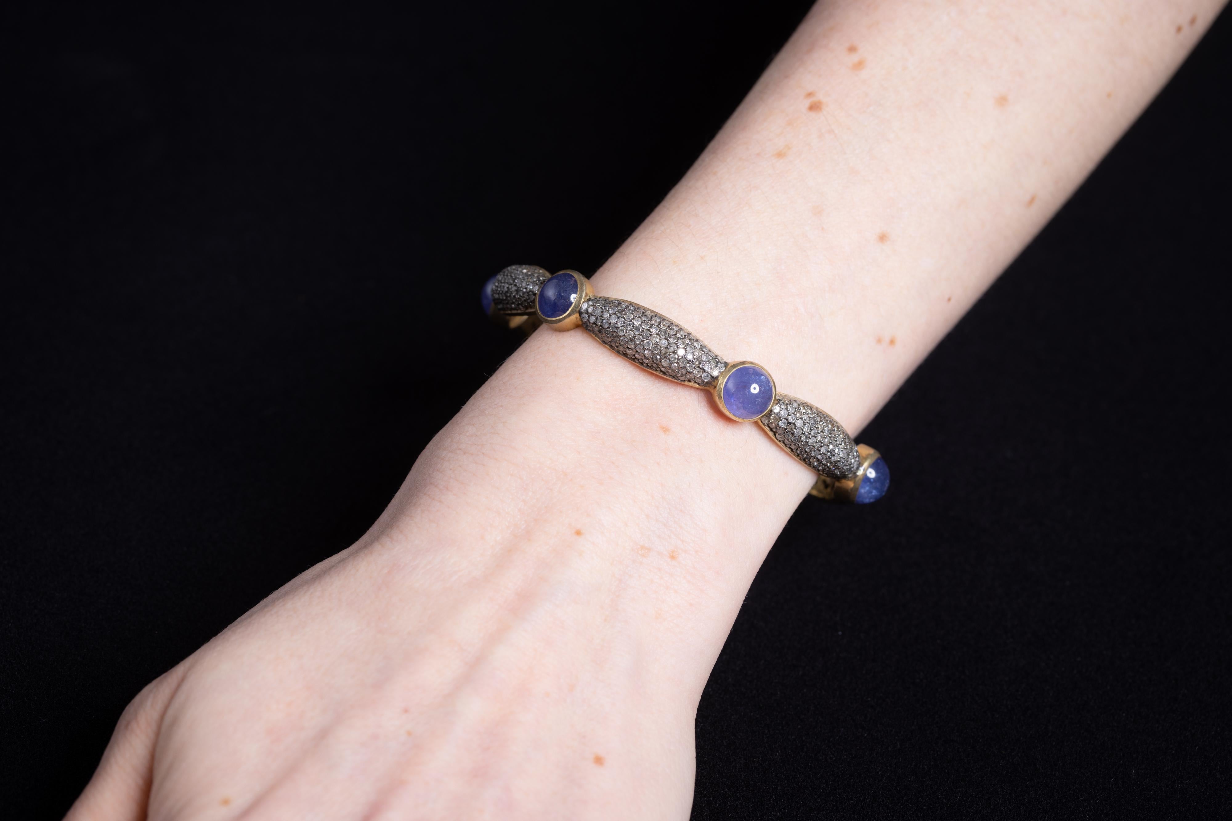 Cabochon Tanzanite and Pave` Diamond Bangle Bracelet In Excellent Condition In Nantucket, MA