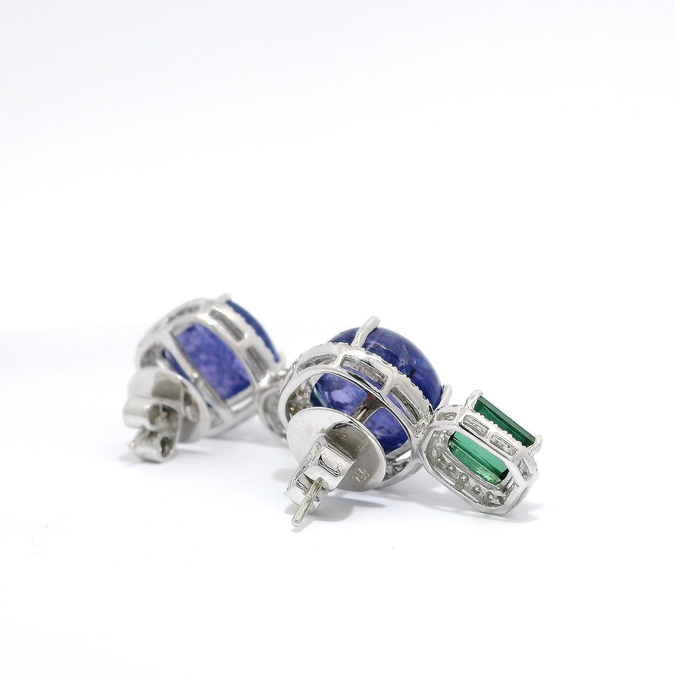 Cabochon Tanzanite and Tsavorite Diamond Halo Earrings in 18K White Gold In New Condition For Sale In Hong Kong, HK