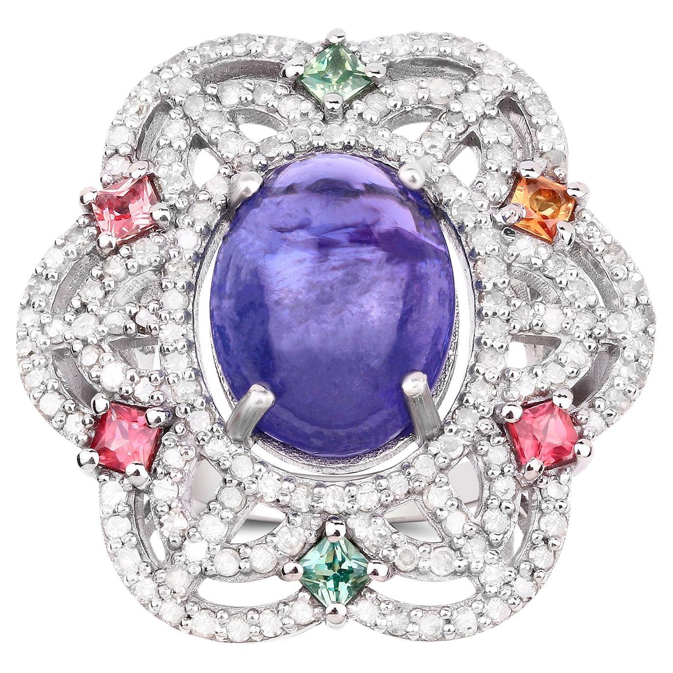 Cabochon Tanzanite Cocktail Ring Multicolor Sapphires Diamonds 11 Carats For Sale