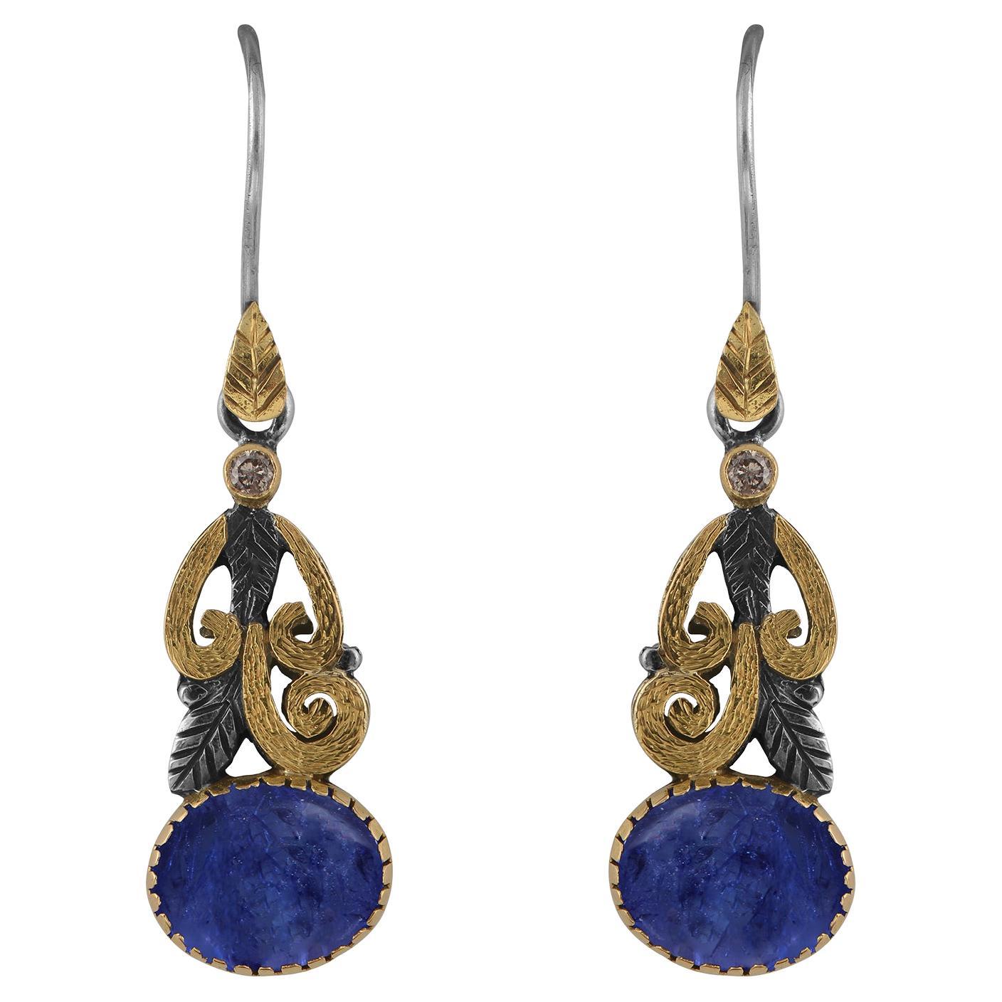 Cabochon Tansanit Diamant-Ohrringe aus 18 Karat Gold und Silber