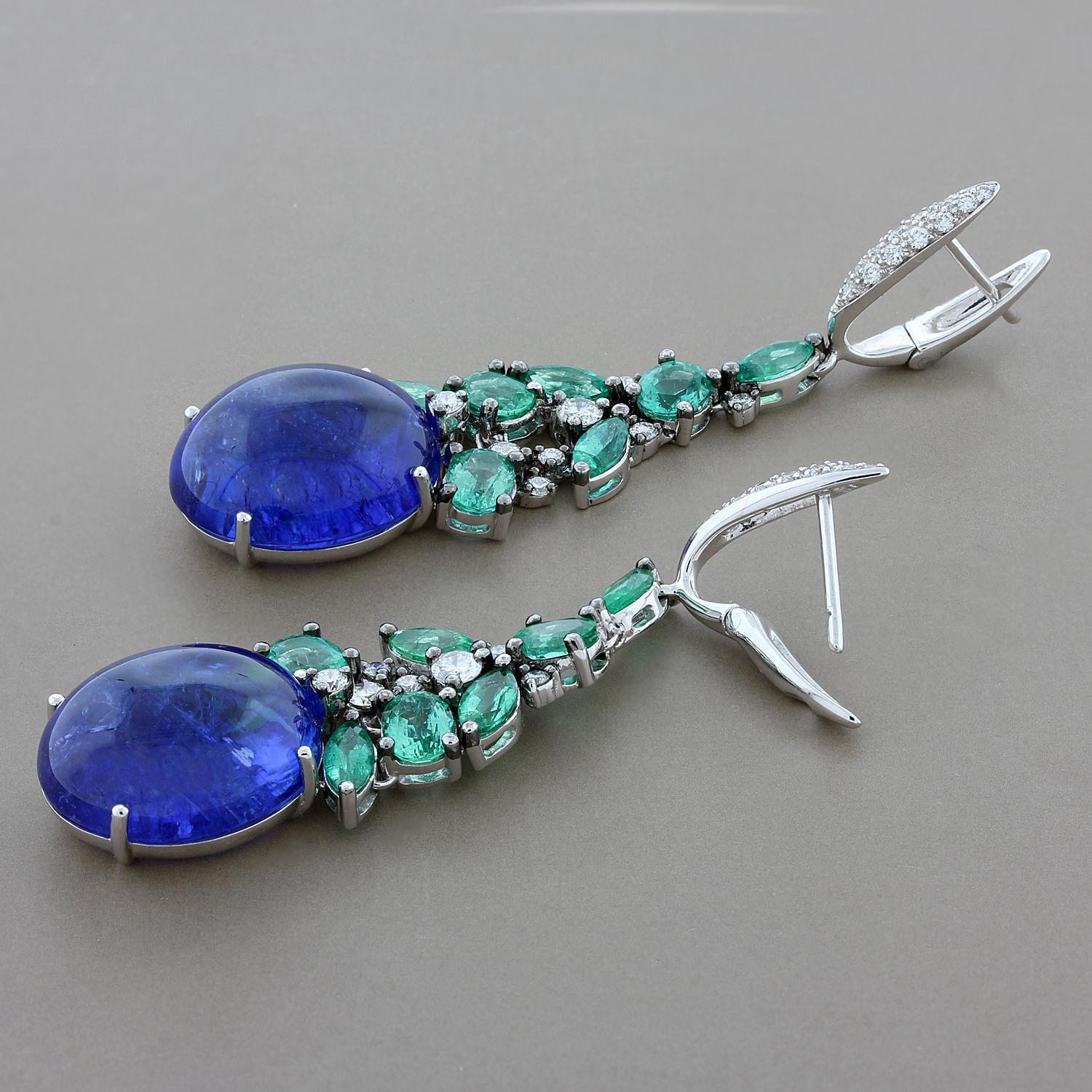 Cabochon Tanzanite Emerald Diamond Gold Earrings In New Condition For Sale In Beverly Hills, CA