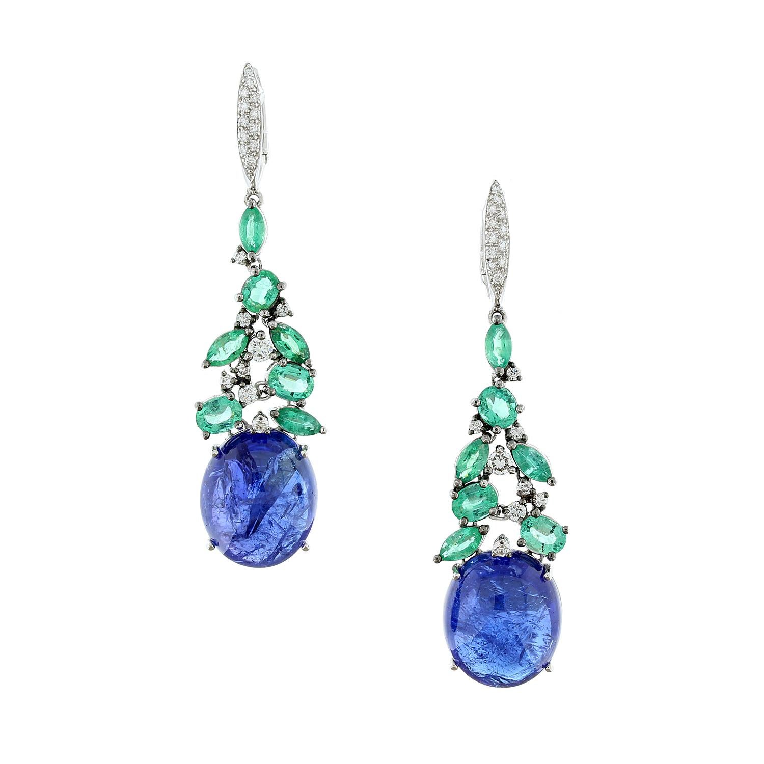 Cabochon Tanzanite Emerald Diamond Gold Earrings