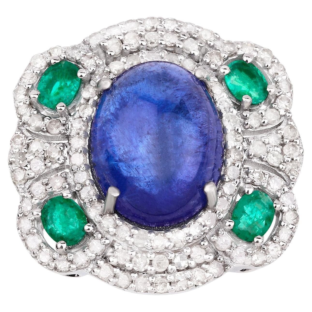 Cabochon Tanzanite Ring With Emeralds and Diamonds 9.44 Carats Sterling Silver