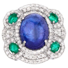 Cabochon Tanzanite Ring With Emeralds and Diamonds 9.44 Carats Sterling Silver