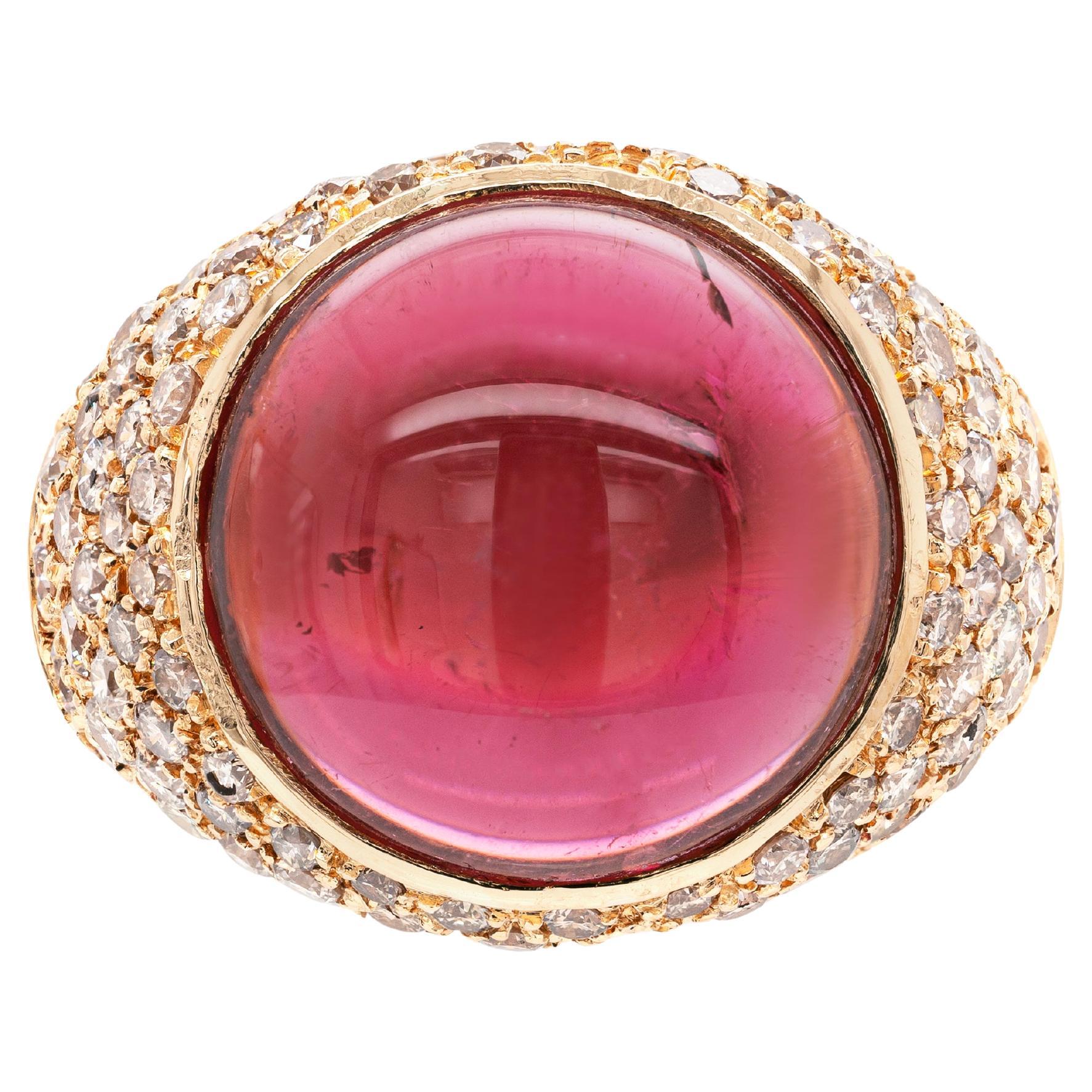 Cabochon Tourmaline and Diamond 18 Carat Yellow Gold Bombé Cluster Cocktail Ring For Sale