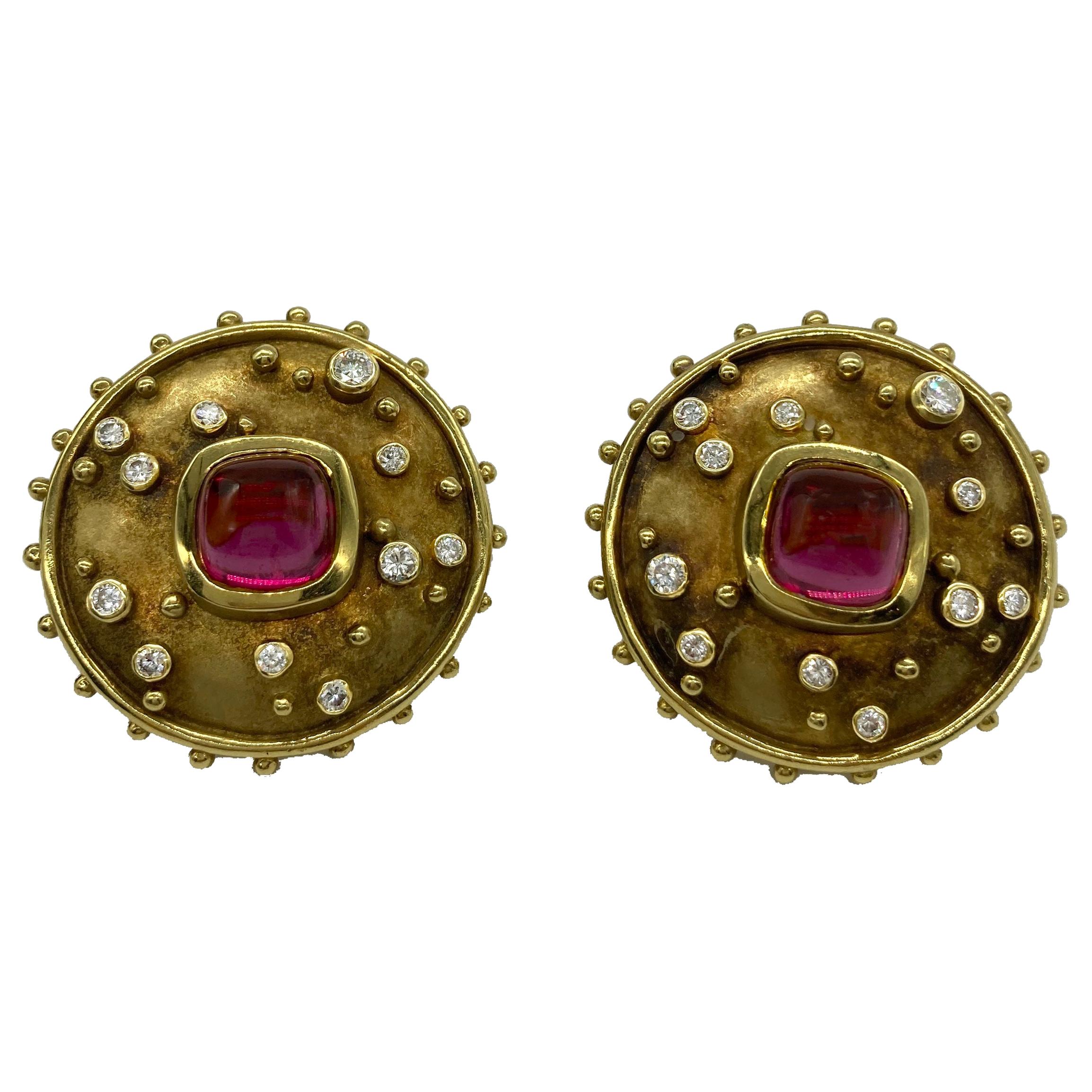 Cabochon Tourmaline and Diamond Earclips For Sale