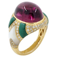 Cabochon Tourmaline Malachite Diamond Cocktail Ring in 18 Karat Yellow Gold