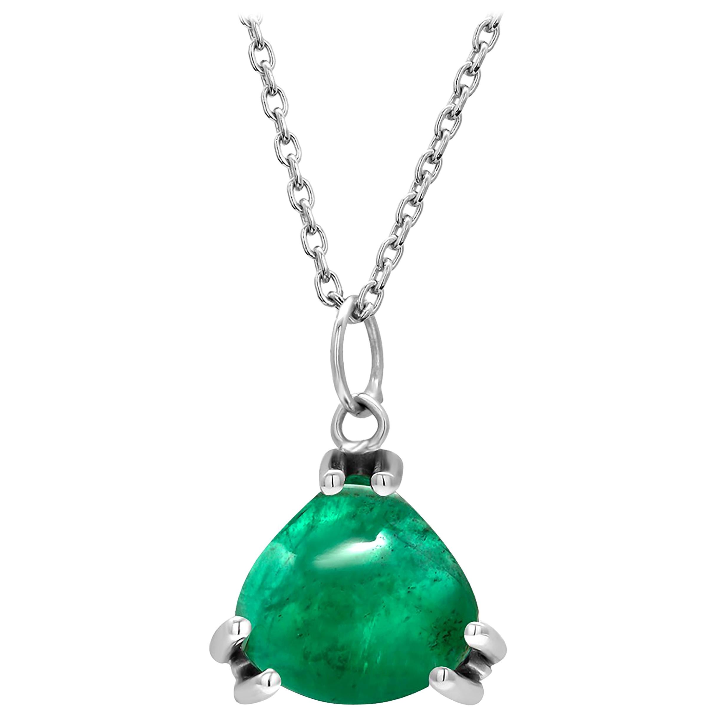 Cabochon Trillion Shaped Natural Colombian Emerald White Gold Drop Necklace