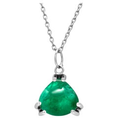 Cabochon Trillion Shaped Natural Colombian Emerald White Gold Drop Necklace