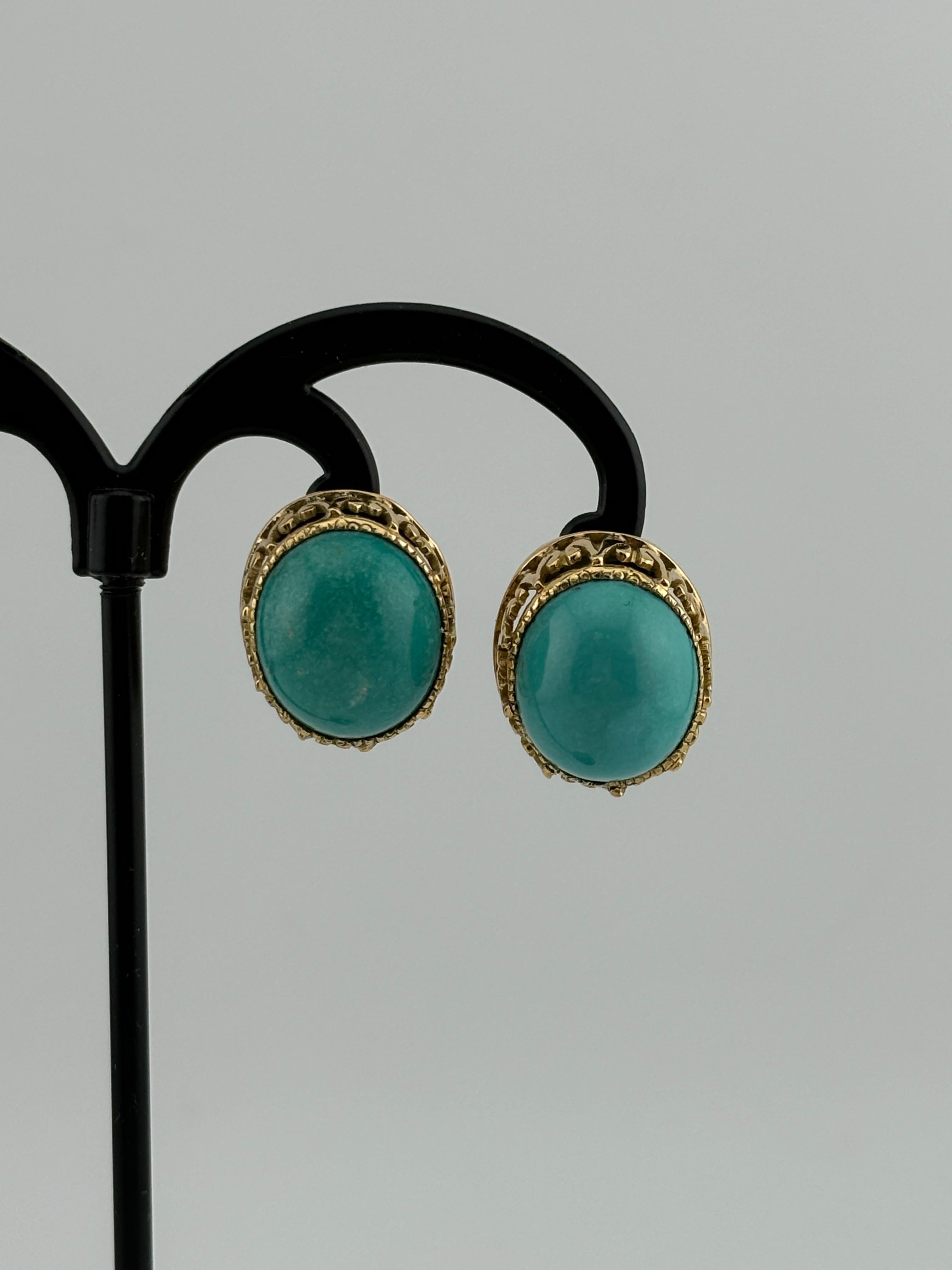 Gold Cabochon Turquoise Earrings are a striking and timeless jewelry piece that combines the vibrant, natural beauty of turquoise with the warmth and elegance of gold. The earrings feature cabochon-cut turquoise stones—polished, smooth, and