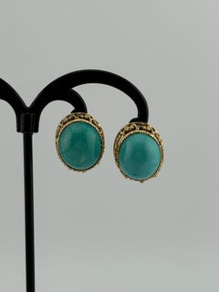 Cabochon Turquoise 14k Yellow Gold Earrings Omega Back