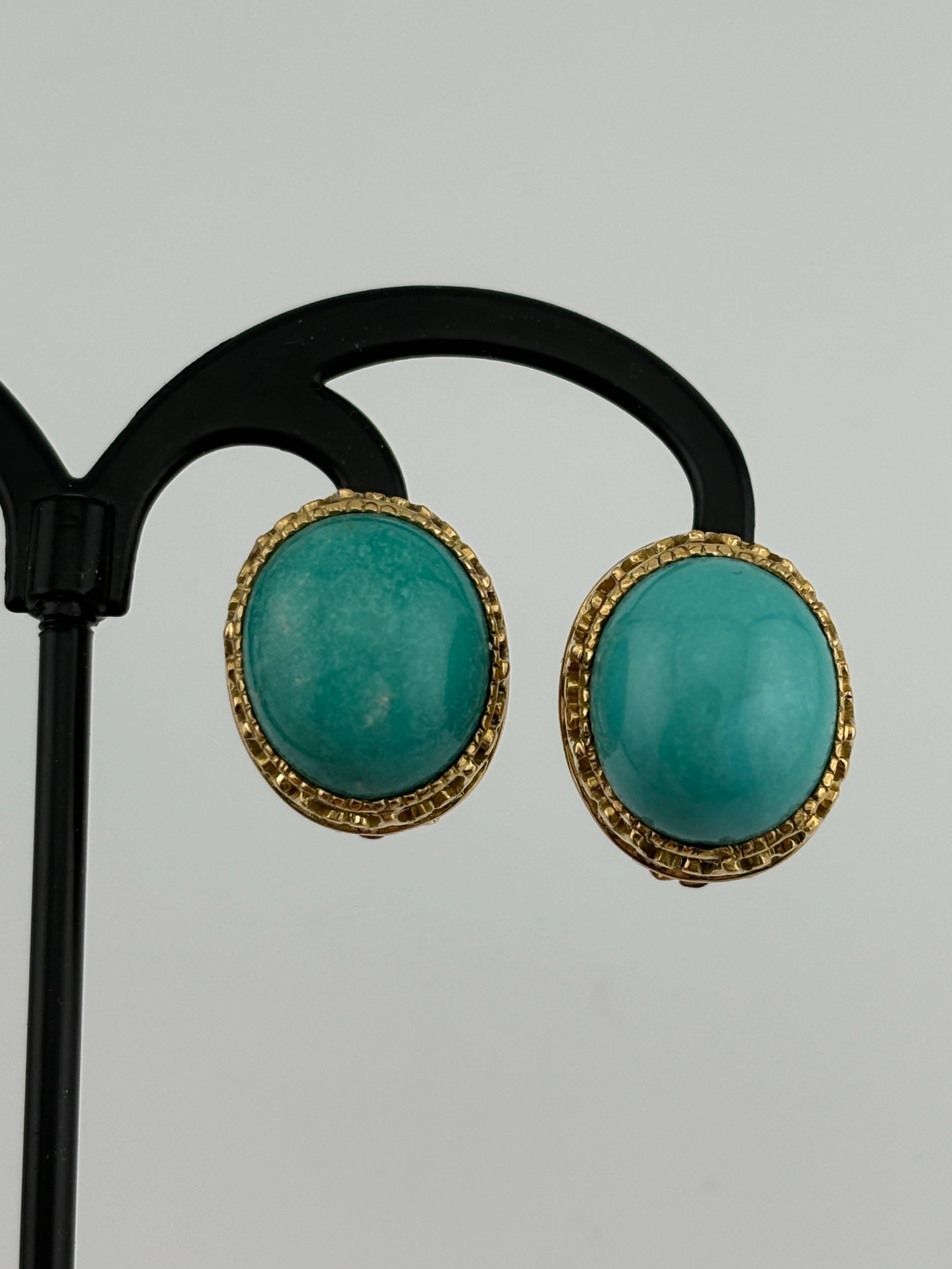 Cabochon Turquoise 14k Yellow Gold Earrings Omega Back In Good Condition For Sale In Bernardsville, NJ