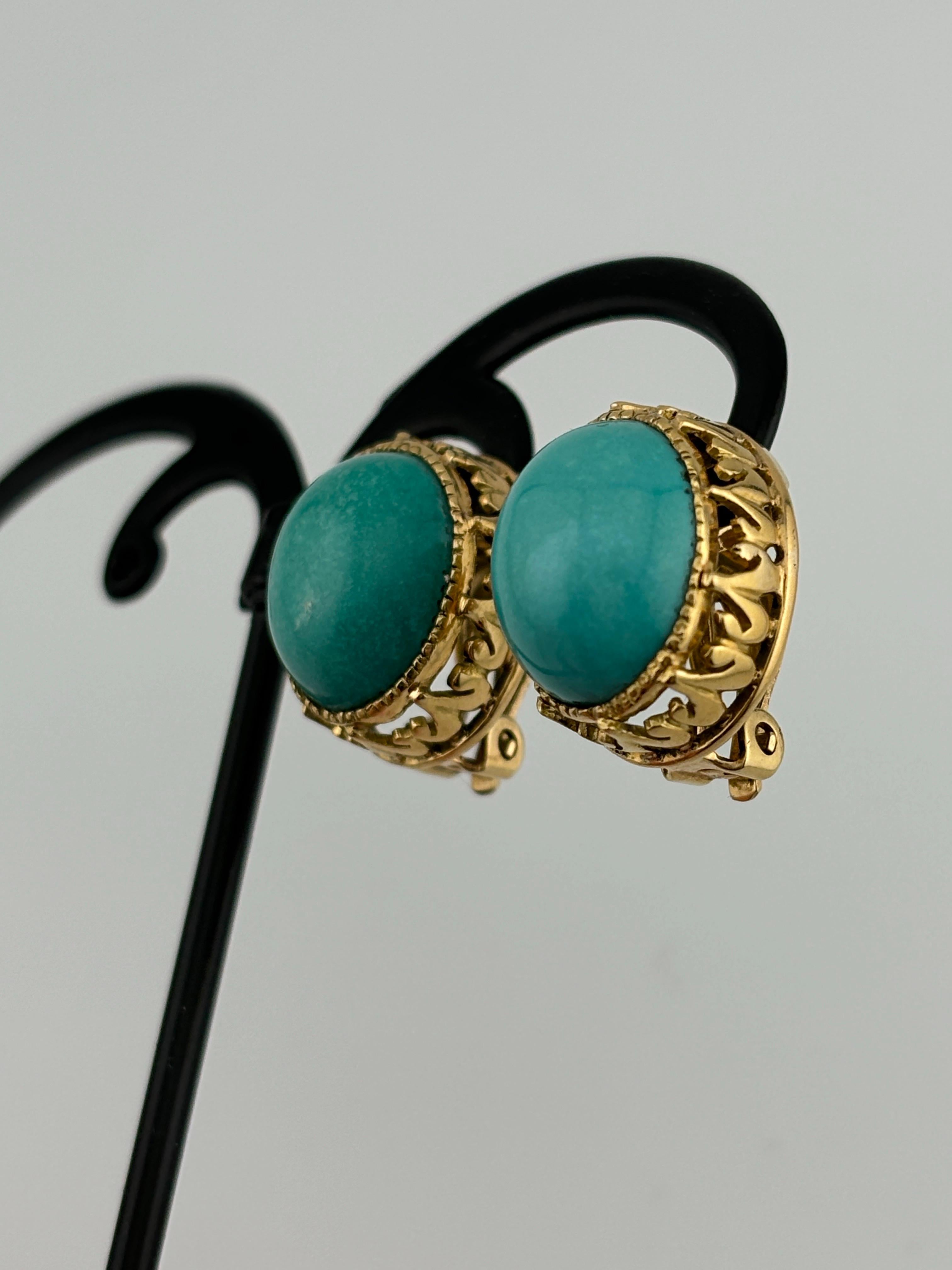 Women's or Men's Cabochon Turquoise 14k Yellow Gold Earrings Omega Back For Sale