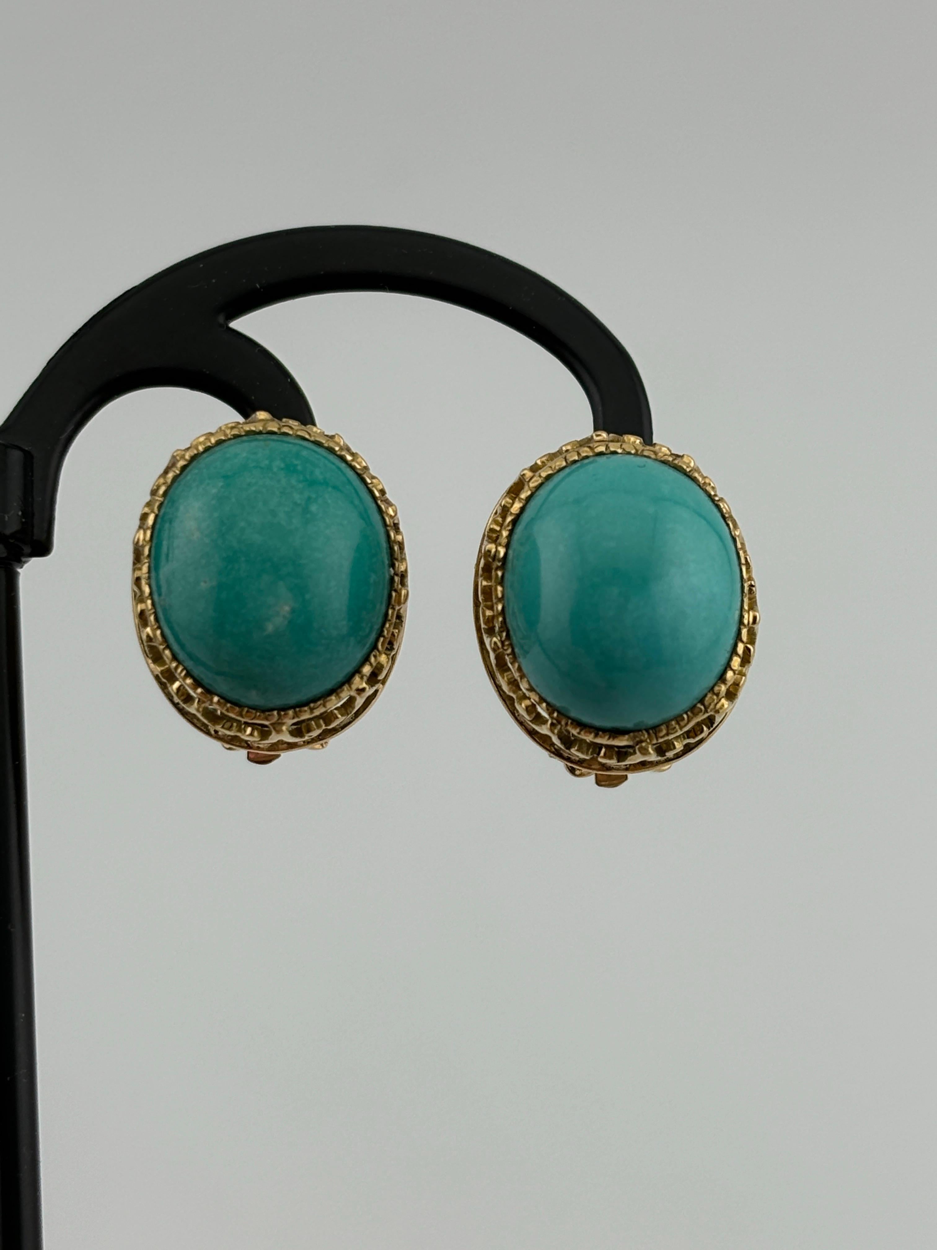 Cabochon Turquoise 14k Yellow Gold Earrings Omega Back For Sale 1