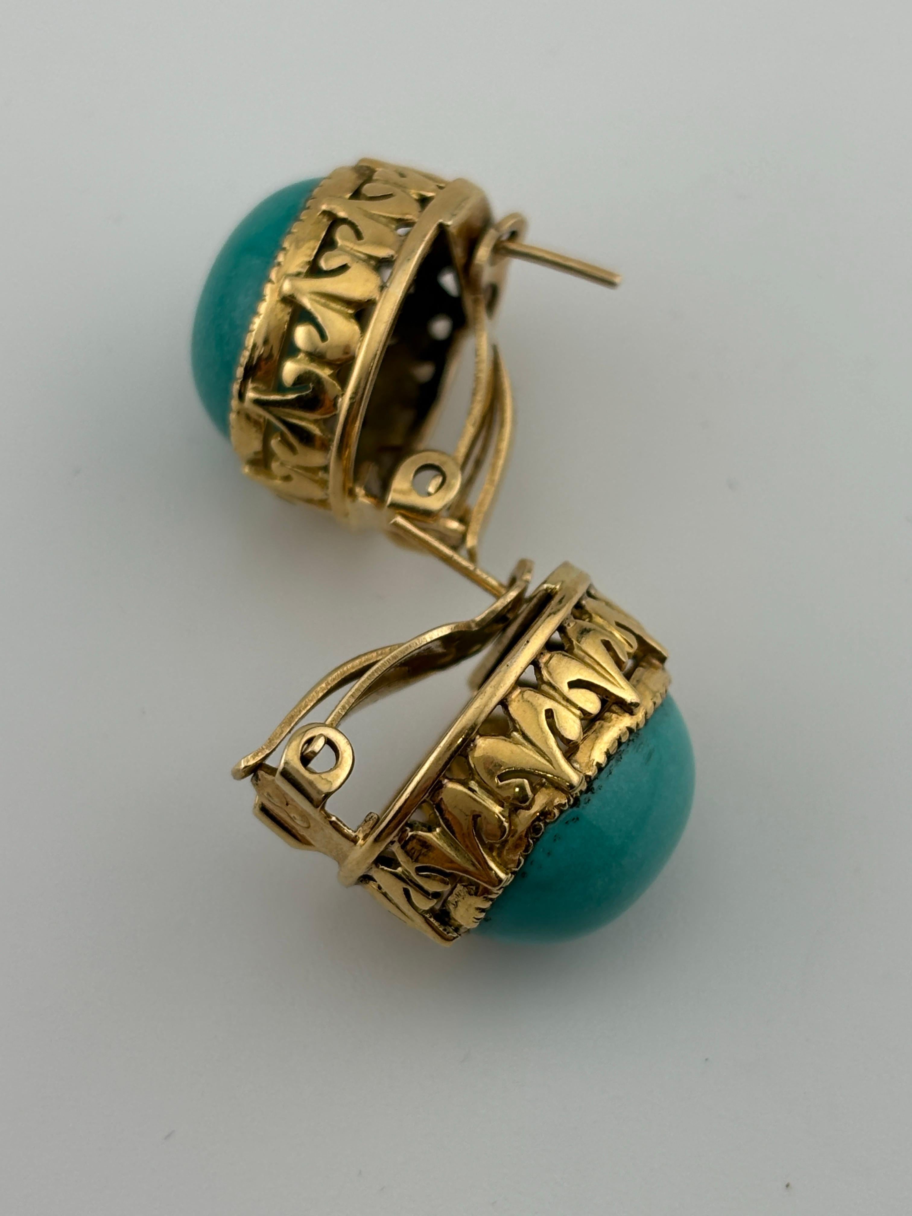 Cabochon Turquoise 14k Yellow Gold Earrings Omega Back For Sale 2