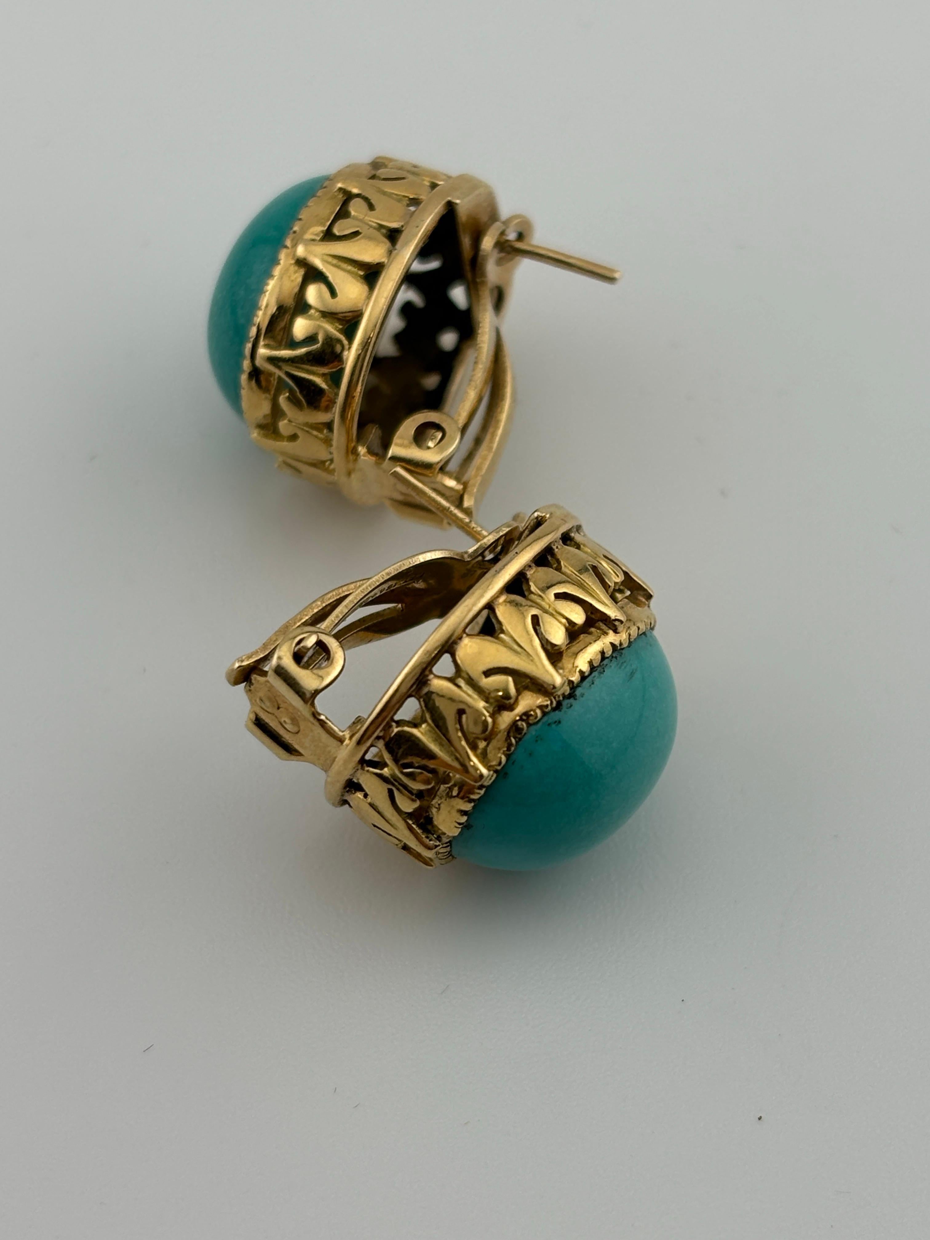 Cabochon Turquoise 14k Yellow Gold Earrings Omega Back For Sale 3