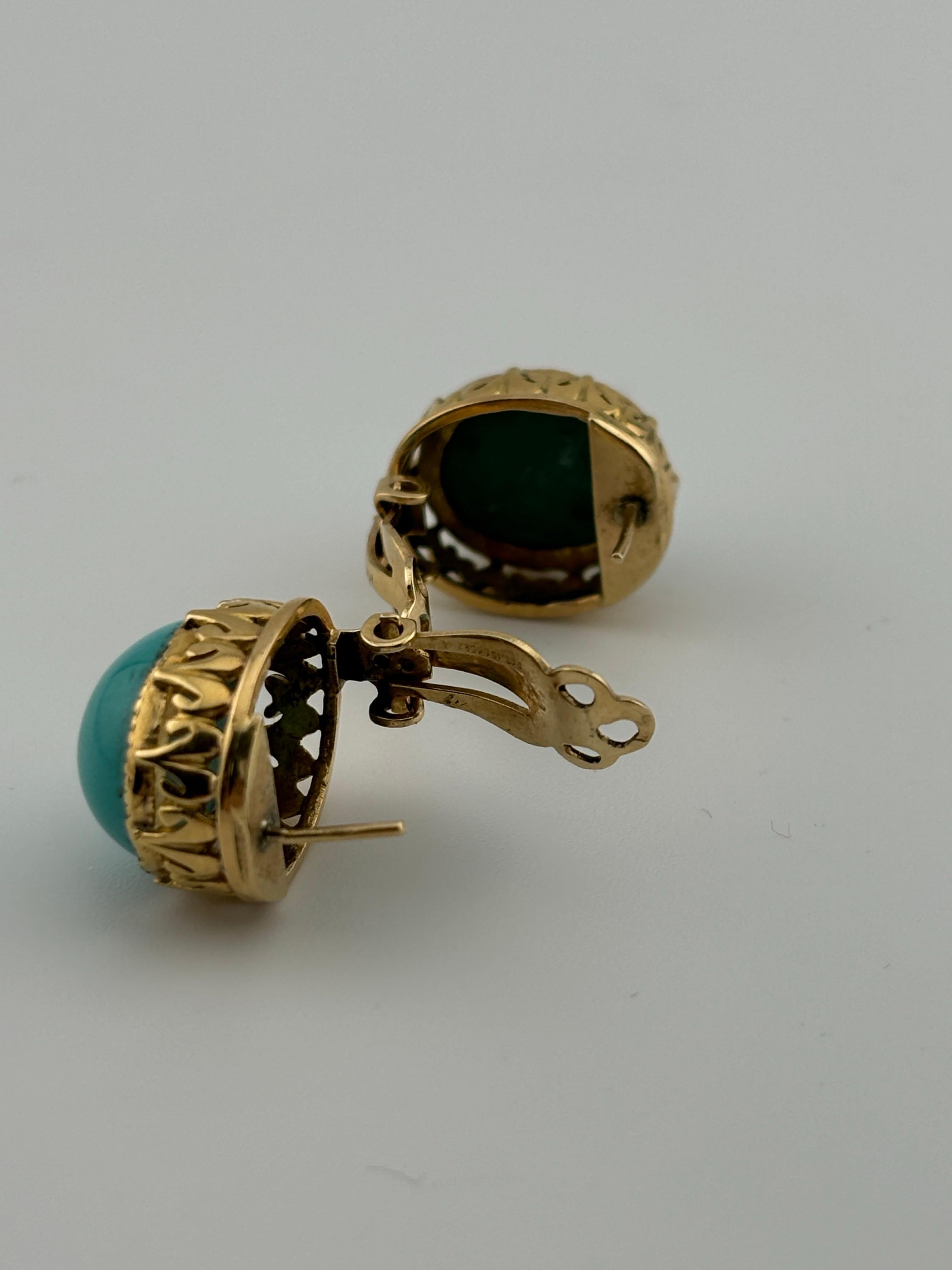 Cabochon Turquoise 14k Yellow Gold Earrings Omega Back For Sale 4