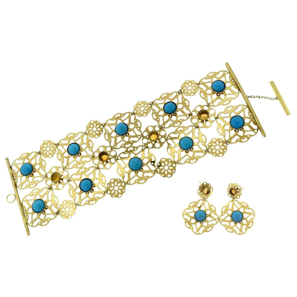 Armband-Ohrring aus Gelbgold mit Türkis, Citrin und Cabochon