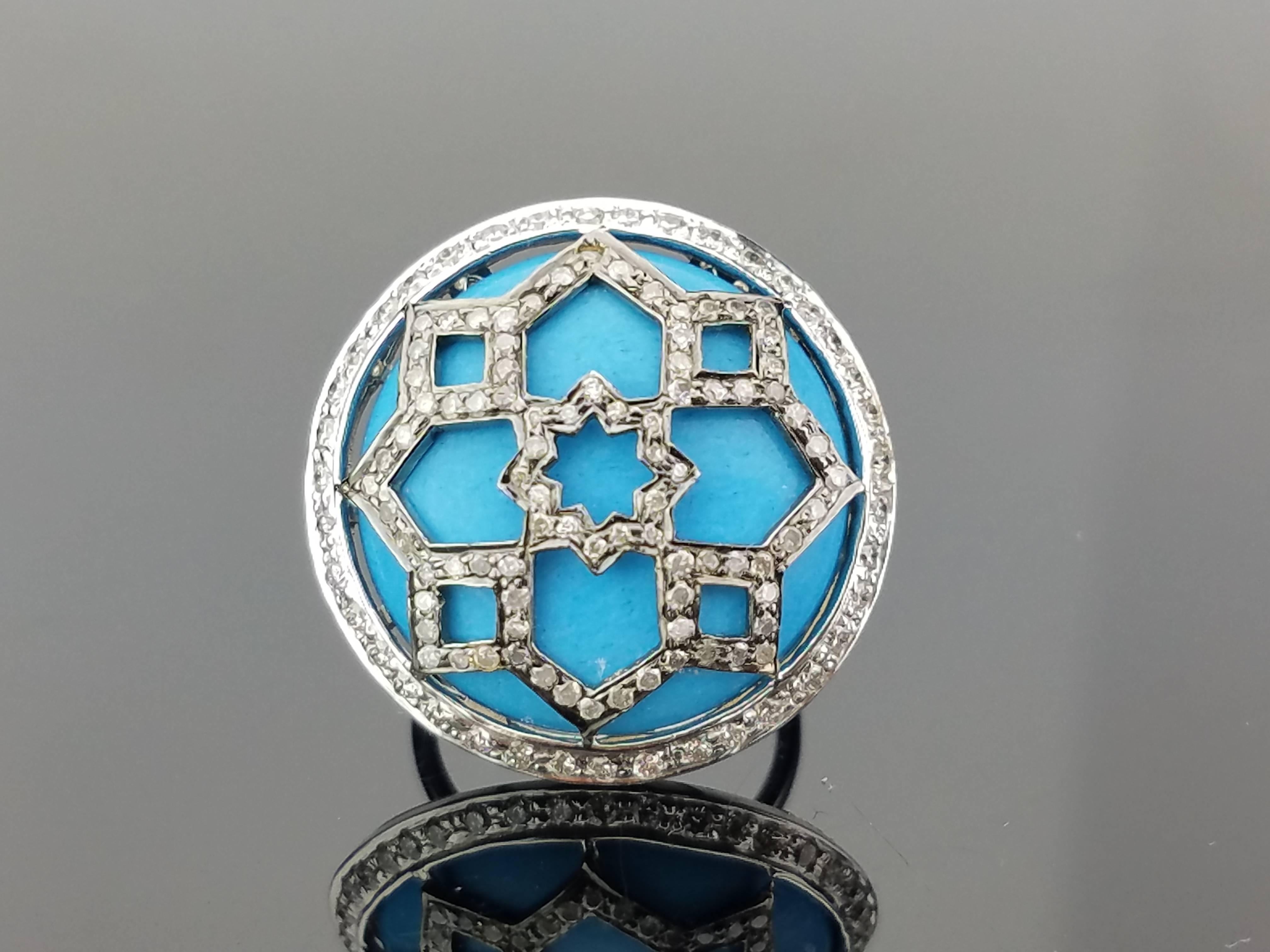 Women's Cabochon Turquoise and Diamond 18 Karat Gold Ring and Earring Suite