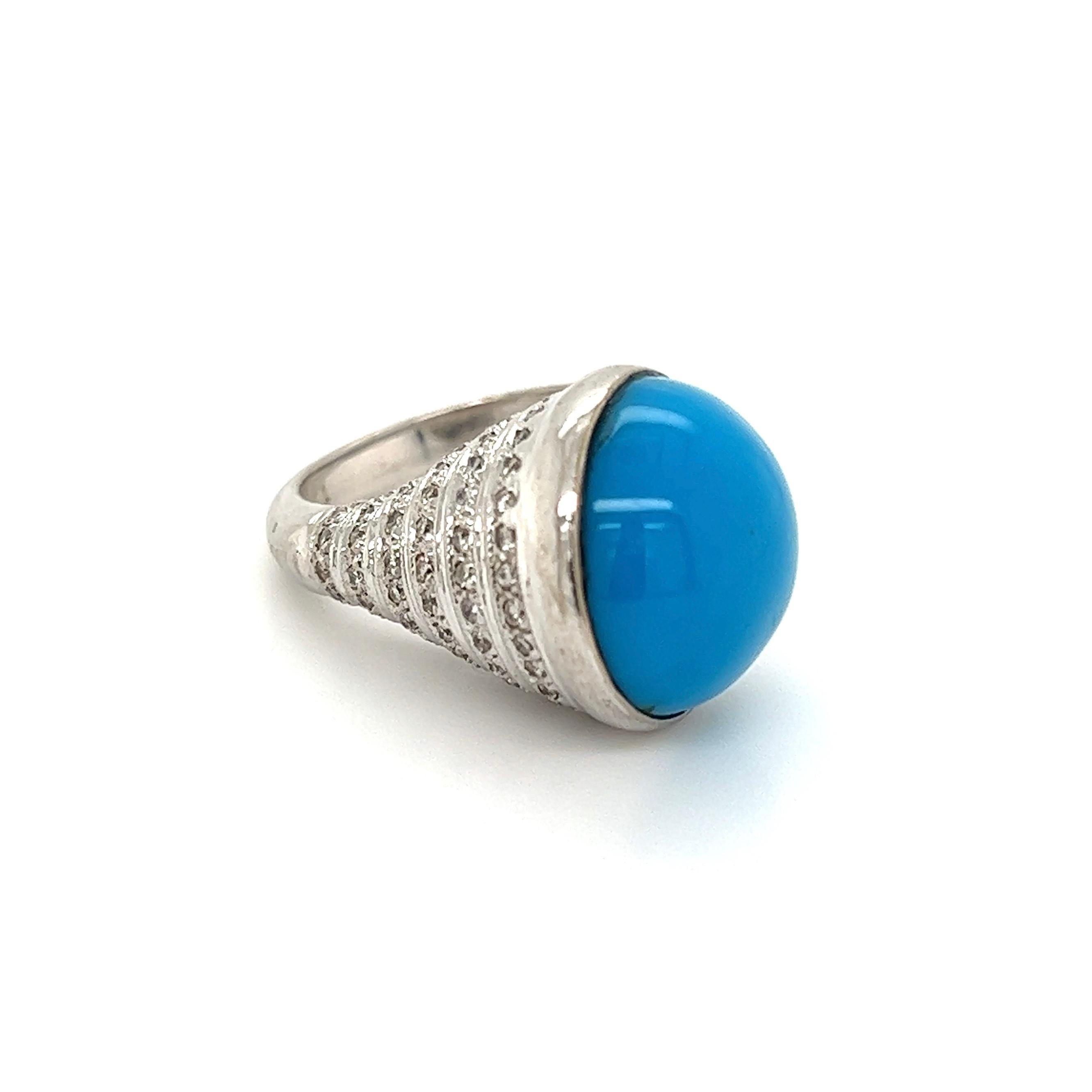 Simply Fabulous! Finely detailed Stylish Cabochon Turquoise and Diamond Gold Cocktail Ring. Centering a securely nestled Hand set Cabochon Turquoise, accented by Diamonds, approx. 80ctw set in an Inverse Cone shaped mounting. Dimensions 1.21” l x