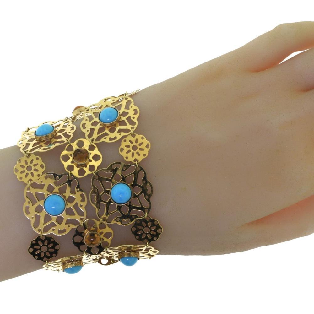 Armband-Ohrring aus Gelbgold mit Türkis, Citrin und Cabochon für Damen oder Herren im Angebot