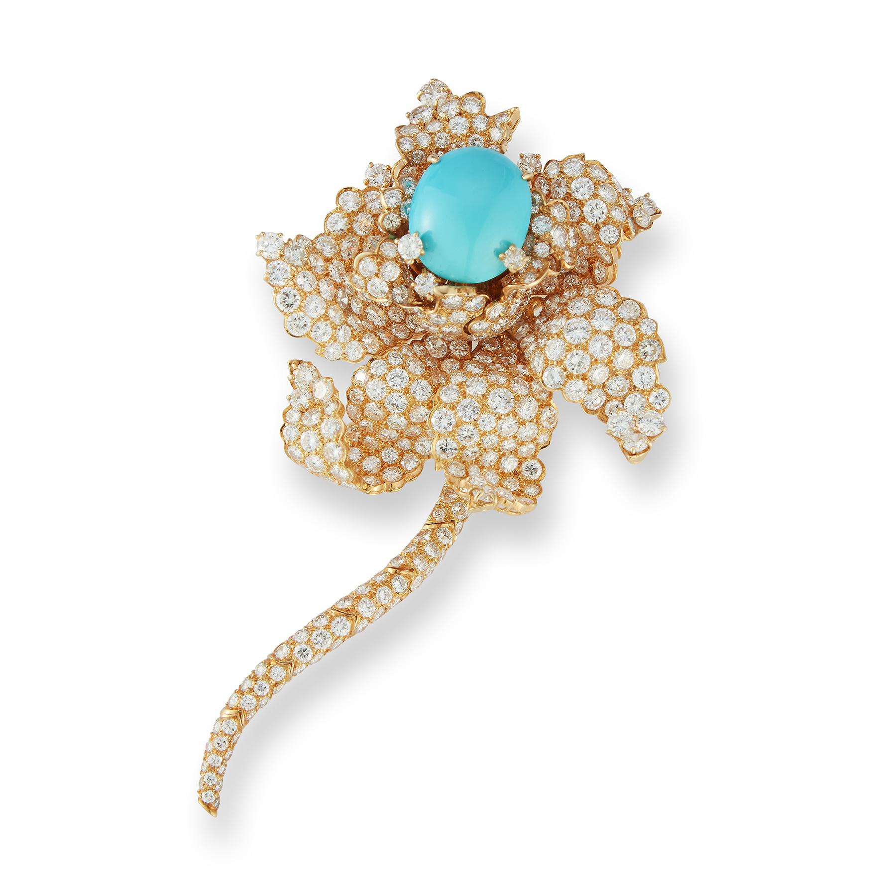 Cabochon Turquoise & Diamond Flower Brooch 
One large center cabochon turquoise surrounded by round cut diamonds approximately 18.00 cts. 
With detachable stem

Measurements: 3.75