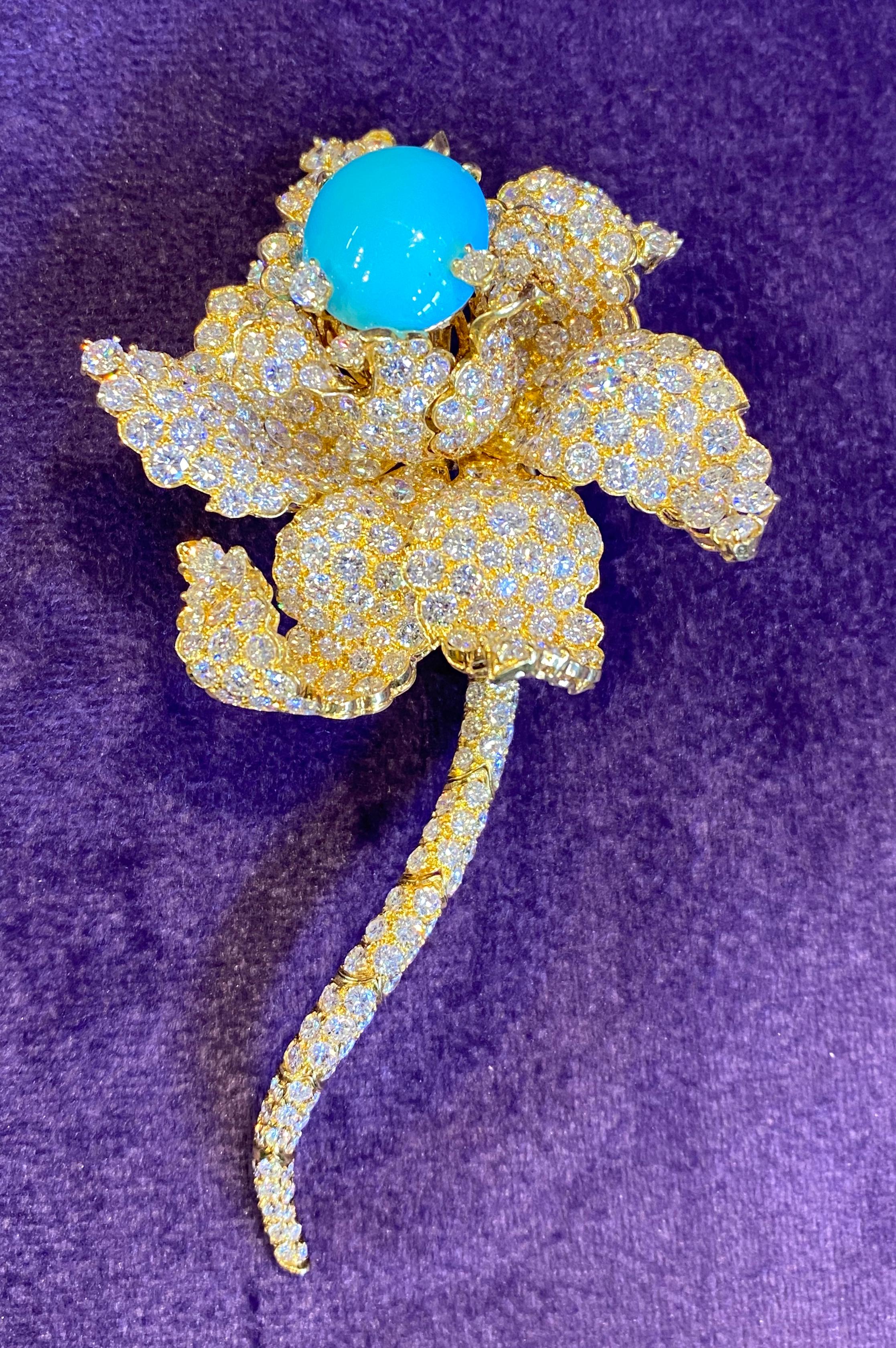 Cabochon Turquoise & Diamond Flower Brooch For Sale