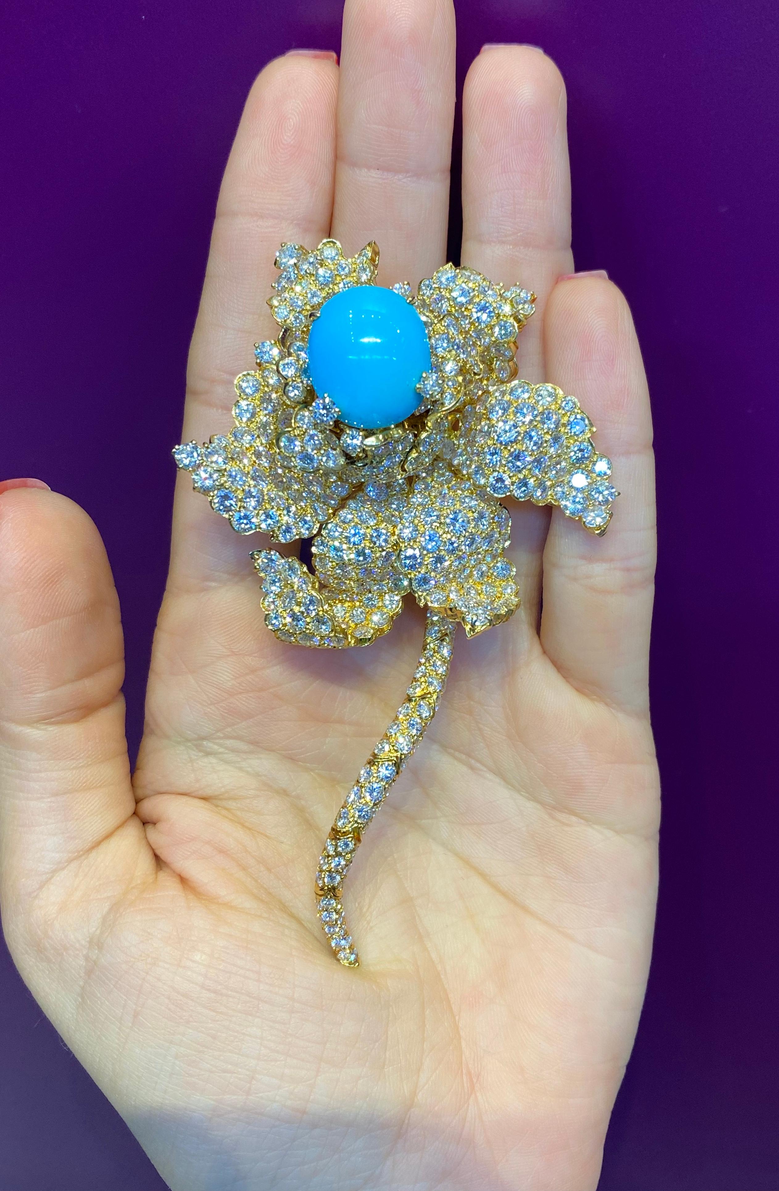 Turquoise & Diamond Flower Brooch In Excellent Condition For Sale In New York, NY