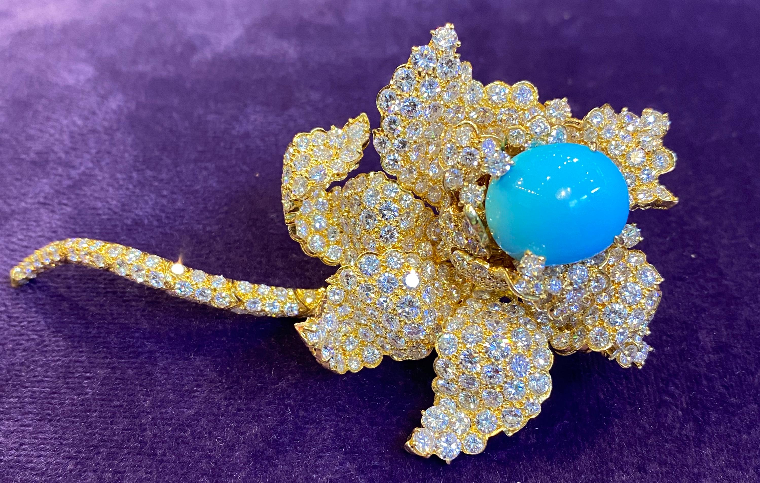 Turquoise & Diamond Flower Brooch For Sale 1