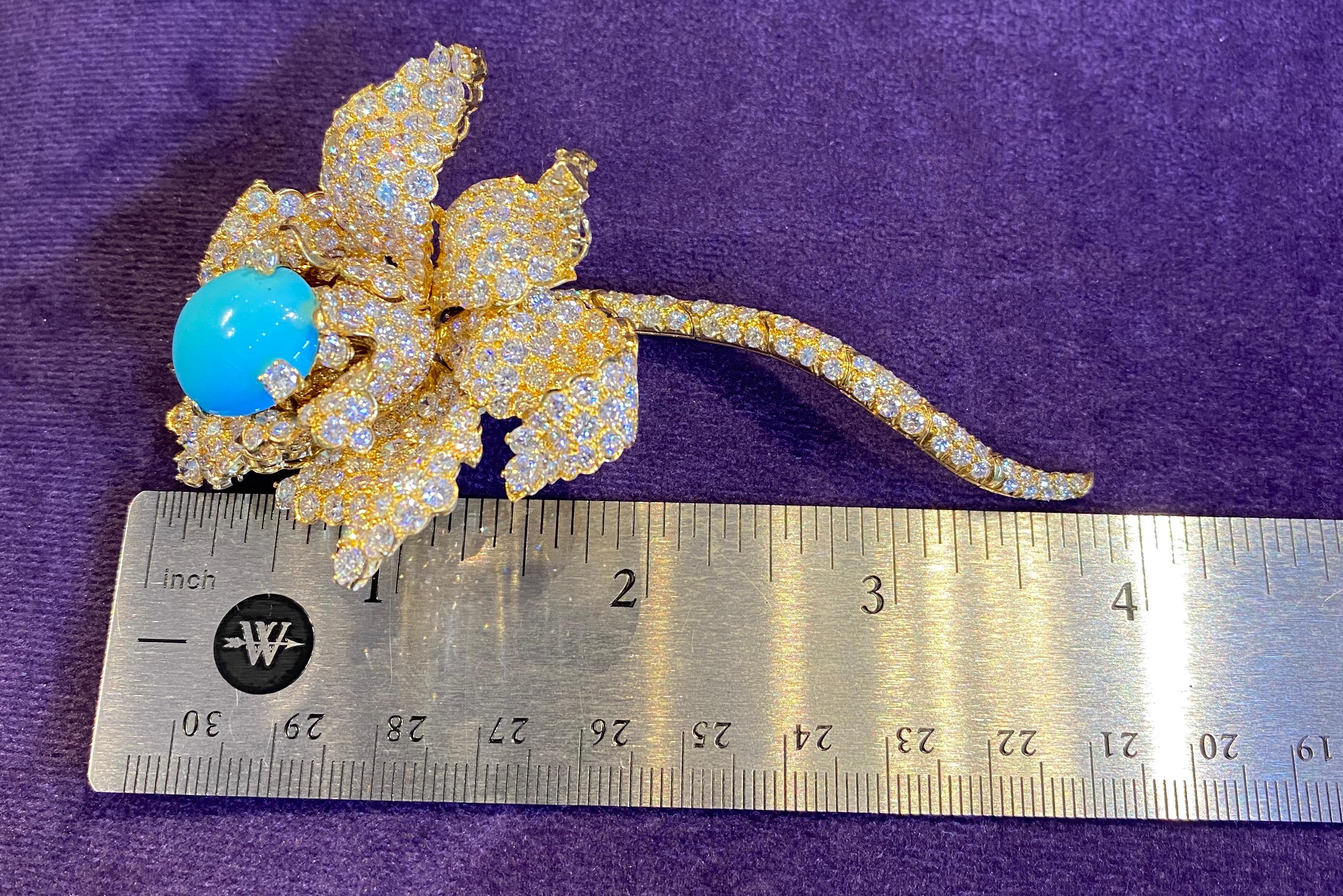 Turquoise & Diamond Flower Brooch For Sale 2
