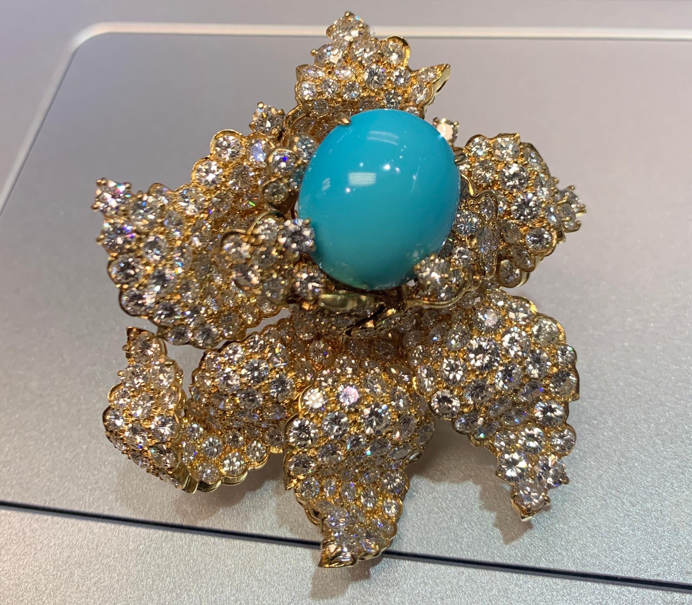 Turquoise & Diamond Flower Brooch For Sale 3