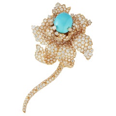 Vintage Turquoise & Diamond Flower Brooch