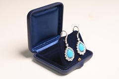 Cabochon Turquoise Halo Diamonds Accent Drop Earrings 10.41ct Platinum