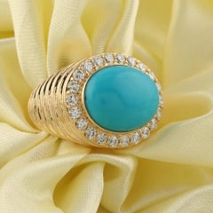 Cabochon Turquoise Natural Diamond Halo Ring in Sculpted Yellow Gold