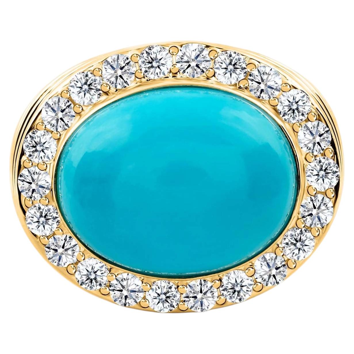 Cabochon-Türkis-Ring mit natürlichem Diamanten im Halo-Design aus geformtem Gelbgold