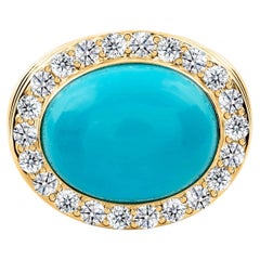 Cabochon Turquoise Natural Diamond Halo Ring in Sculpted Yellow Gold
