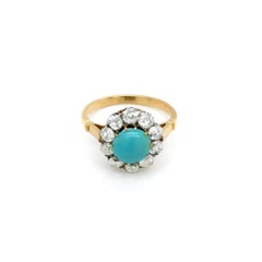 Cabochon Turquoise & Old Cut Diamond 18K Gold and Platinum Coronet Cluster Ring