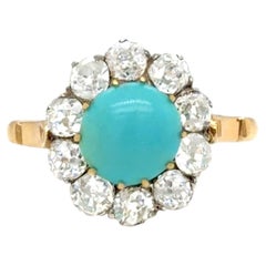 Cabochon Turquoise & Old Cut Diamond 18K Gold and Platinum Coronet Cluster Ring