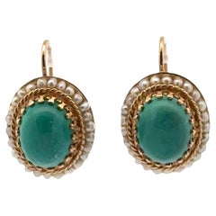 Cabochon Turquoise Pearl 14 Karat Yellow Gold Vintage Dangle Earrings Cabochon Turquoise Pearl 14 Karat Yellow Gold Vintage Dangle Earrings