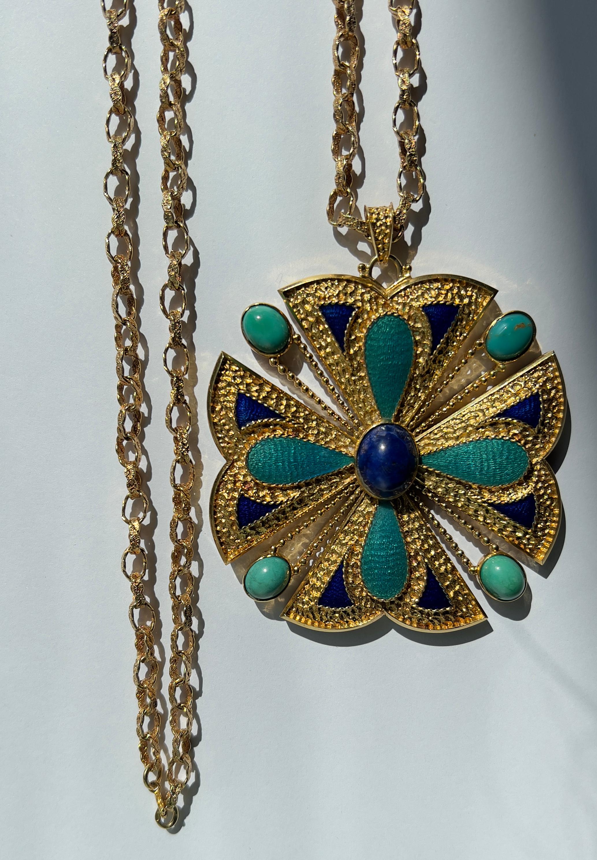 Ciondolo e catena in turchese cabochon anni '70 in vendita 2