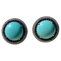 Cabochon Turquoise, Sapphire and Diamond Earrings