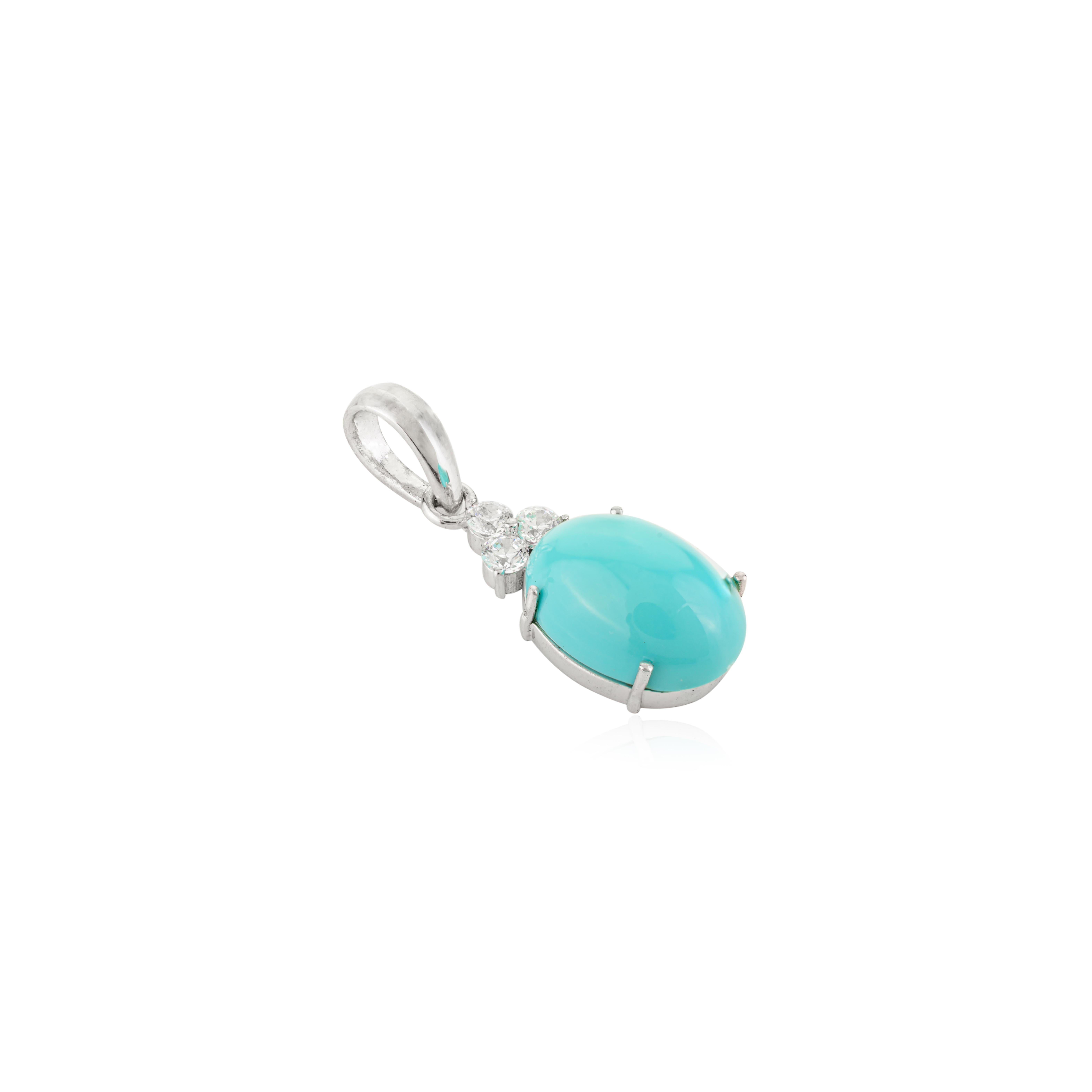 Modernist Cabochon Turquoise Unisex Drop Pendant with Cubic Zirconia in Sterling Silver For Sale