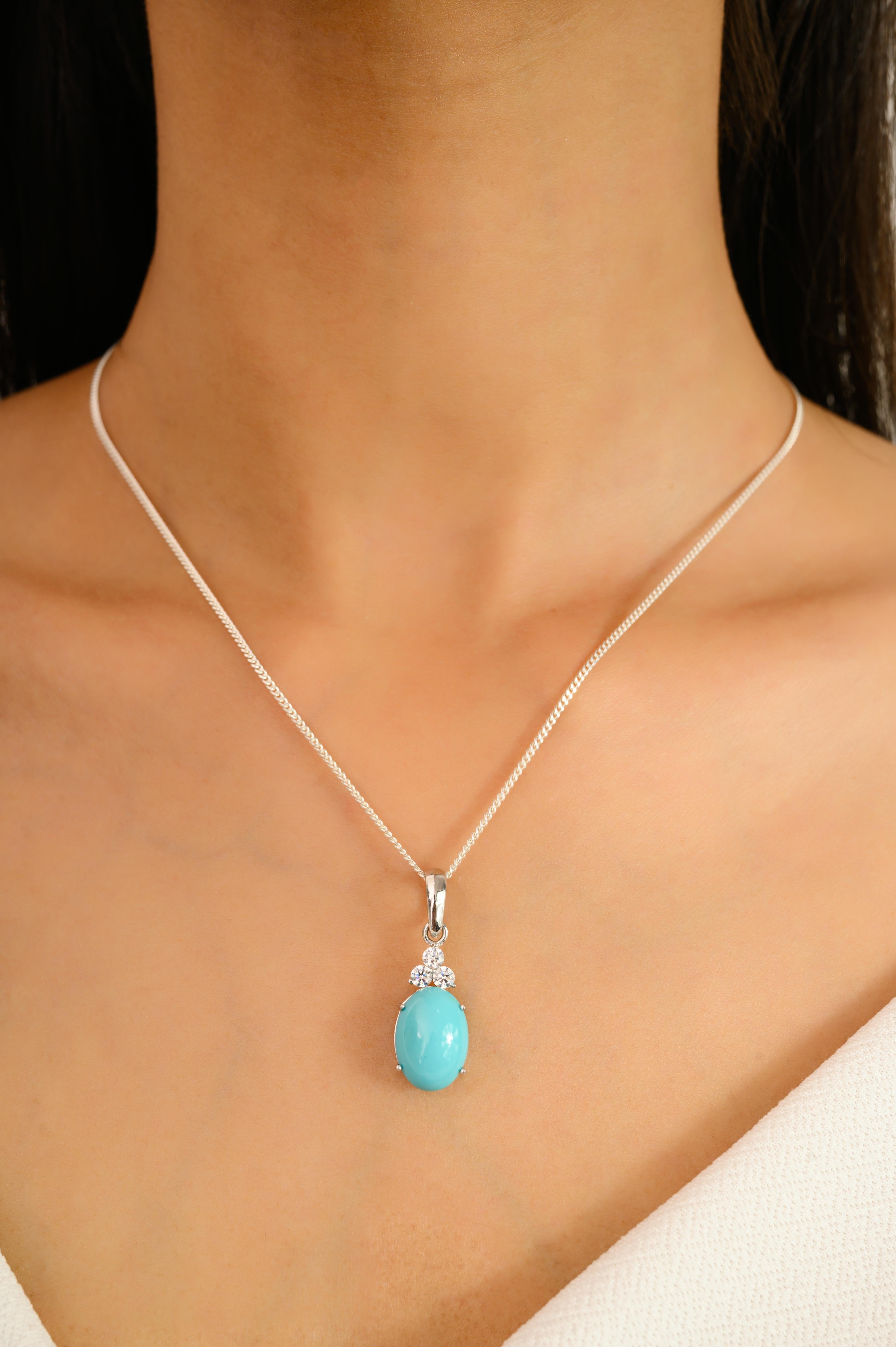 Cabochon Turquoise Unisex Drop Pendant with Cubic Zirconia in Sterling Silver For Sale 1