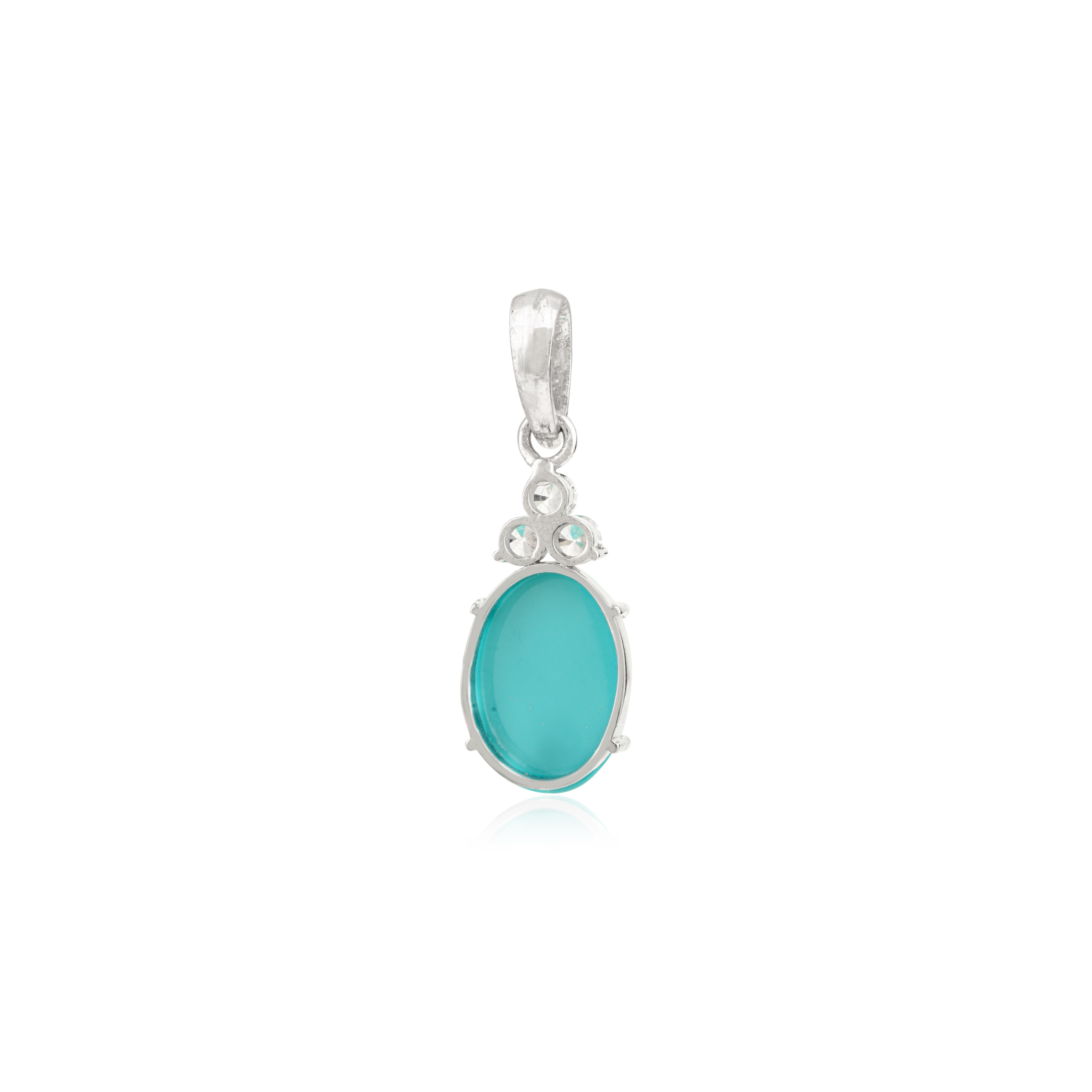Cabochon Turquoise Unisex Drop Pendant with Cubic Zirconia in Sterling Silver For Sale 2