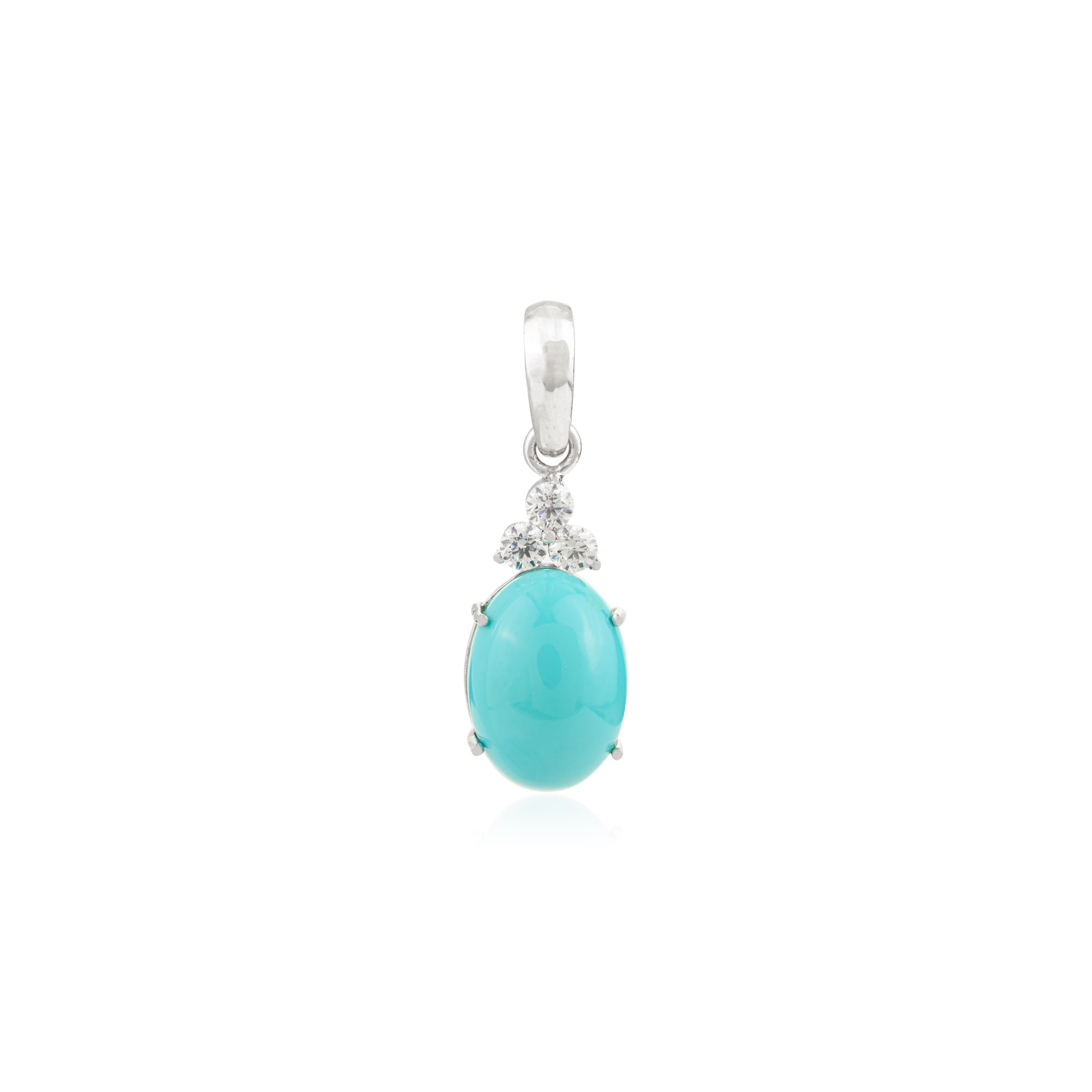 Cabochon Turquoise Unisex Drop Pendant with Cubic Zirconia in Sterling Silver For Sale 3